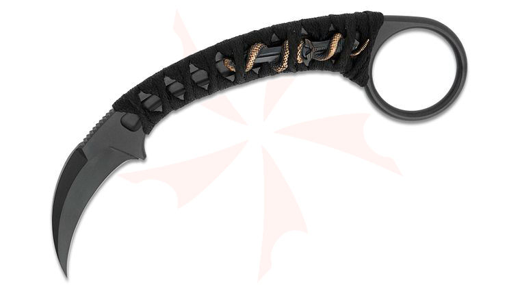 Bastinelli Creations Doug Marcaida PiKa Karambit Fixed Blade Knife 1.65 inch N690Co Black PVD Hawkbill Blade, Custom Black Tsuka Wrap Handle with Bronze Dagger/Snake Menuki and Pinky Ring, Kydex Sheath