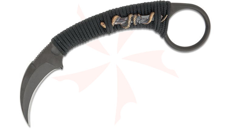 Bastinelli Creations Doug Marcaida PiKa Karambit Fixed Blade Knife 1.65 inch N690Co Black PVD Hawkbill Blade, Custom Black Wrap Handle with Bronze Dagger/Snake Menuki and Pinky Ring, Kydex Sheath