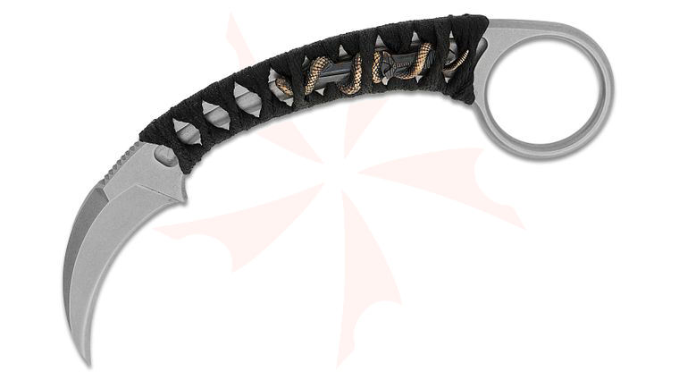 Bastinelli Creations Doug Marcaida PiKa Karambit Fixed Blade Knife 1.65 inch N690Co Stonewashed Hawkbill Blade, Custom Black Tsuka Wrap Handle with Bronze Dagger/Snake Menuki and Pinky Ring, Kydex Sheath