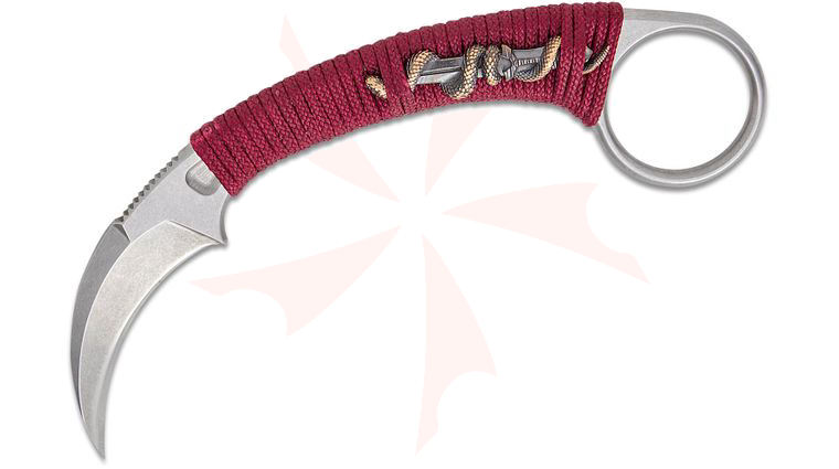 Bastinelli Creations Doug Marcaida PiKa Karambit Fixed Blade Knife 1.65 inch N690Co Stonewashed Hawkbill Blade, Custom Maroon Handle Wrap with Bronze Dagger/Snake Menuki and Pinky Ring, Kydex Sheath