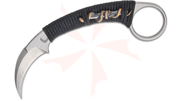 Bastinelli Creations Doug Marcaida PiKa Karambit Fixed Blade Knife 1.65 inch N690Co Stonewashed Hawkbill Blade, Custom Black Handle Wrap with Bronze Dagger/Snake Menuki and Pinky Ring, Kydex Sheath