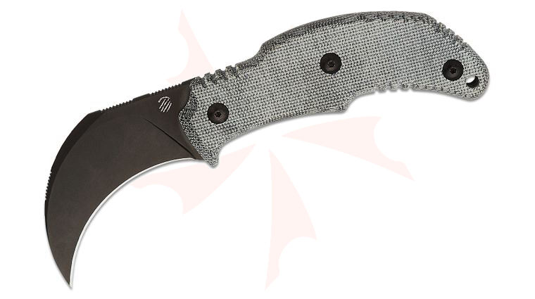 Bastinelli Creations Primal Karambit Fixed Blade Knife 2.48 inch N690 Black PVD Hawkbill Blade, Black Canvas Micarta Handles, IWB Kydex Sheath
