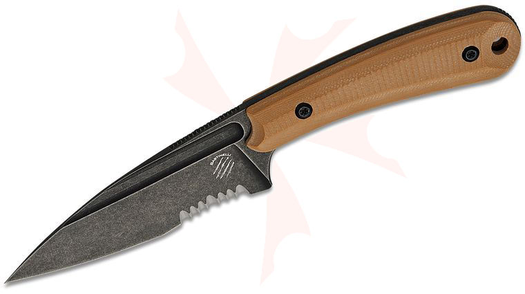Bastinelli Creations Sin Fixed Blade Knife 3.5 inch N690Co Black Stonewashed Combo Blade, Milled Coyote Brown G10 Handles, Kydex Sheath