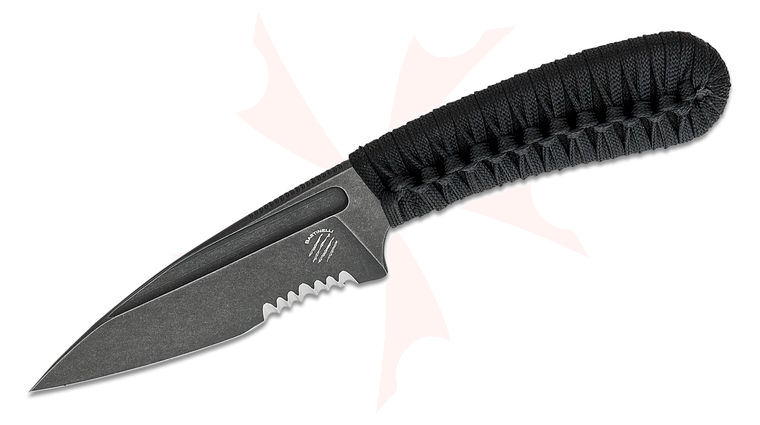 Bastinelli Creations Sin Fixed Blade Knife 3.5 inch N690Co Black Stonewashed Combo, Black Cord Wrapped Handle, Kydex Sheath