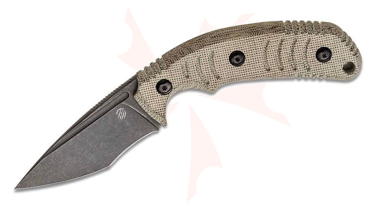 Bastinelli Creations Askari Fixed Blade Knife 2.95 inch M390 Dark Stonewashed Recurve Tanto Blade, Green Canvas Micarta Handles, Kydex Sheath, Hard Storage Case