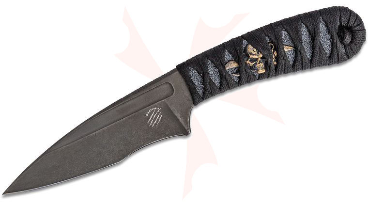 Bastien Coves Bastinelli Creations Customized Sin Fixed Blade Knife 3.625 inch N690Co Black PVD Stonewashed, Custom Black Ray Skin Tsukamaki Handle Wrap with Bronze Menuki, Kydex Sheath