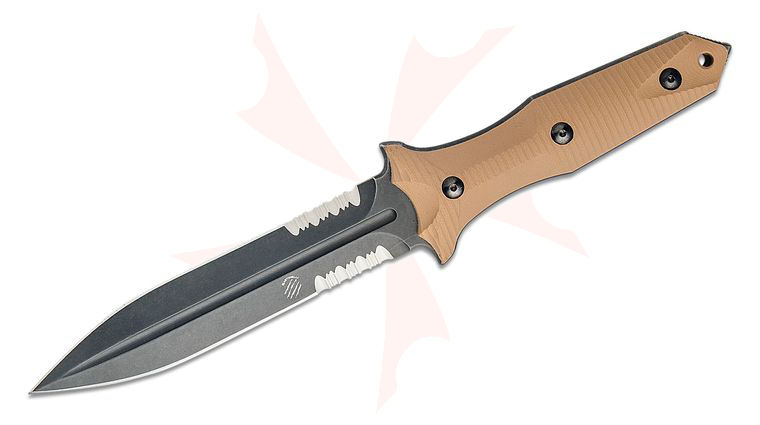 Bastinelli Creations Grozo Fixed Blade Knife 6 inch N690 Black PVD Double Combo Edge Dagger Blade, 3D Machined Coyote G10 Handles, Kydex Sheath