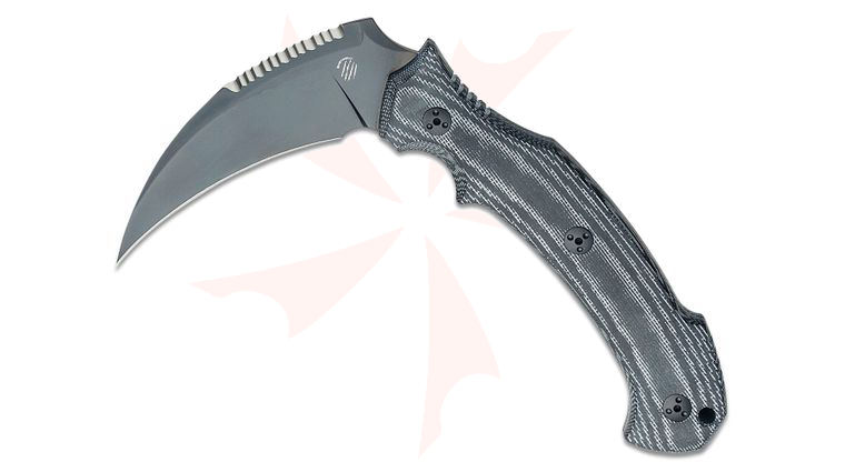 Bastinelli Creations Grumpy Scythe (Kama) Tomahawk Fixed Blade Knife 5 inch M390 Black PVD Blade, Black Micarta Handles, Kydex Sheath