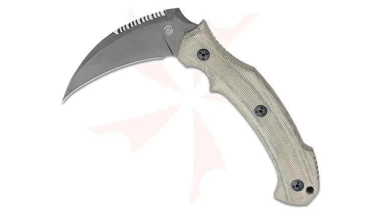 Bastinelli Creations Grumpy Scythe (Kama) Tomahawk Fixed Blade Knife 5 inch M390 Black PVD Blade, OD Green Micarta Handles, Kydex Sheath