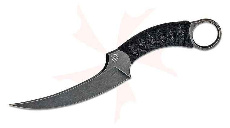 Bastinelli Creations Mako Fixed Blade Knife 4.625 inch N690Co Black PVD Stonewashed Plain, Custom Black Tsukamaki Handle Wrap, Kydex Sheath