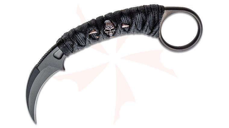 Bastinelli Creations Doug Marcaida PiKa Karambit Fixed Blade Knife 1.65 inch N690Co Black Cerakote Hawkbill, Custom Black Tsukamaki Handle Wrap with Bronze Menuki and Pinky Ring, Kydex Sheath