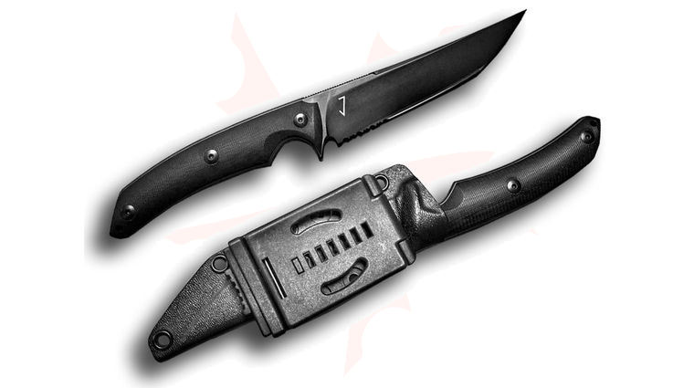 Bastinelli Creations PY Fixed 5 inch Black PVD N690Co Tanto Combo Blade, Black G10 Handles, Kydex Sheath