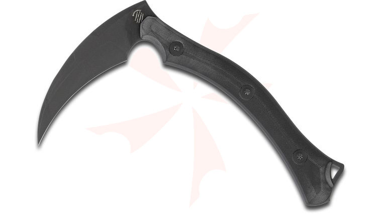 Bastinelli Creations ReaperTAC Scythe (Kama) Tomahawk 6.7 inch Black Cerakote N690Co Blade, Black G10 Handles, Leather Sheath