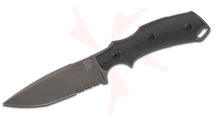 Bastinelli Creations Red V2 Fixed 4 inch Black PVD N690CO Combo Blade, G10 Handles, Kydex Sheath