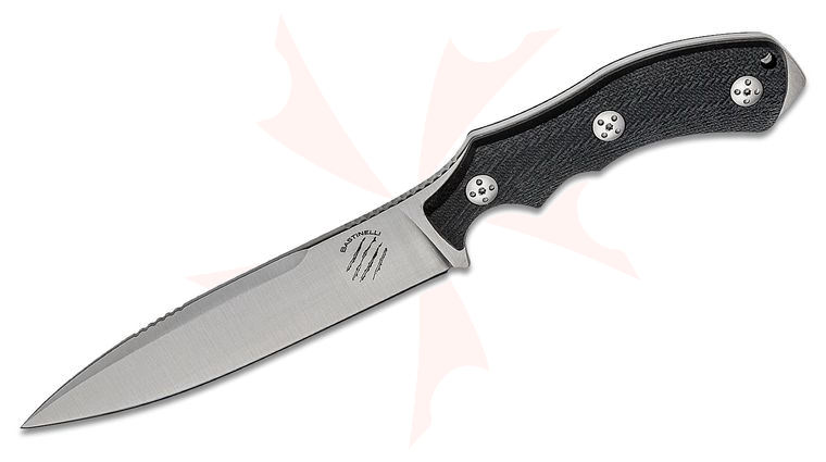 Bastinelli Creations Raptor  inchL inch Fixed Blade Knife 5.625 inch M390 Satin Drop Point, Black G10 Handles, Kydex Sheath