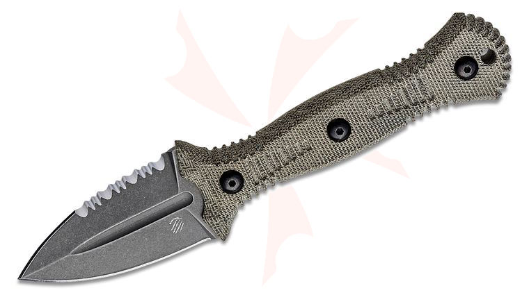 Bastinelli Creations Telum Fixed Blade Knife 2.75 inch M390 Dark Stonewashed Double Edge Dagger, Green Canvas Micarta Handles, Kydex Sheath with Tracker Dan Clip