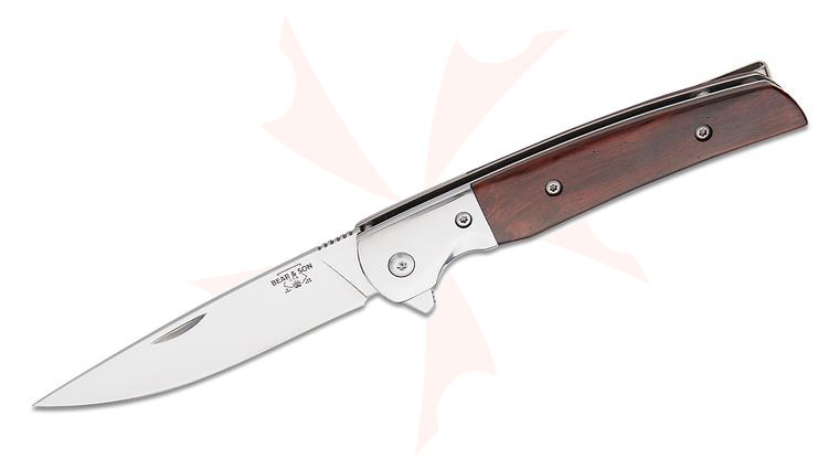 Bear & Son Rancher Sideliner Liner Lock Flipper Knife 3.125 inch D2 Clip Point Blade, Cocobolo Wood Handles