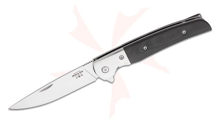 Bear & Son Rancher Sideliner Liner Lock Flipper Knife 3.125 inch D2 Clip Point Blade, Black G10 Handles