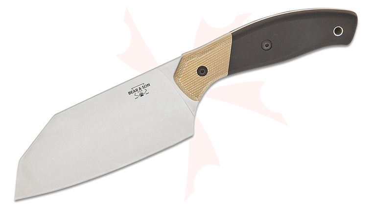 Bear & Son Professional Chopping Knife Fixed Blade 5 inch Sandvik 14C28N Stonewashed Cleaver Blade, Black G10 Handles with Canvas Micarta Bolsters, Plastic Sheath