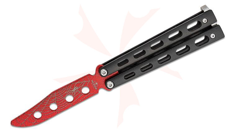 Bear & Son Butterfly Trainer 3.15 inch Red Widow Unsharpened Blade, Black Coated Metal Handles