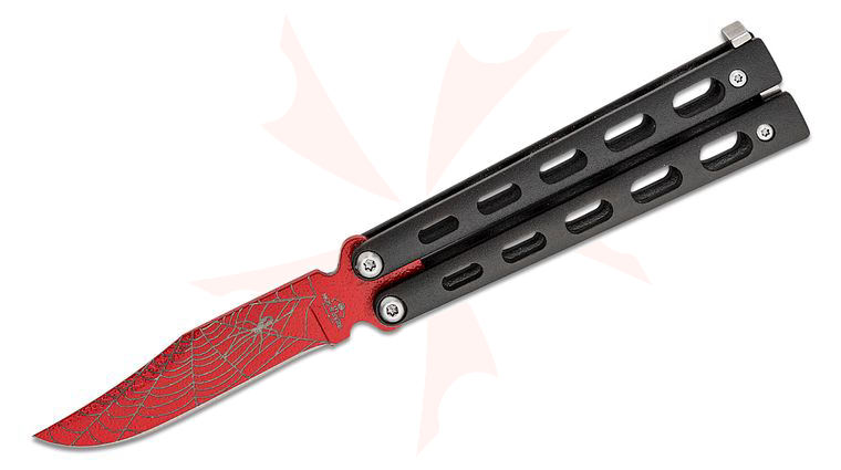 Bear & Son Butterfly Knife 3.15 inch Red Widow Clip Point Blade, Black Coated Metal Handles