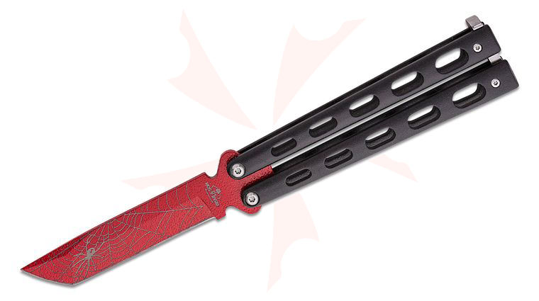 Bear & Son 5 inch Armor Piercing Butterfly, Red Widow Tanto Blade, Black Coated Metal Handles