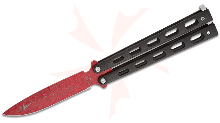 Bear & Son 5 inch Butterfly Knife, Red Widow Drop Point Blade, Black Coated Metal Handles