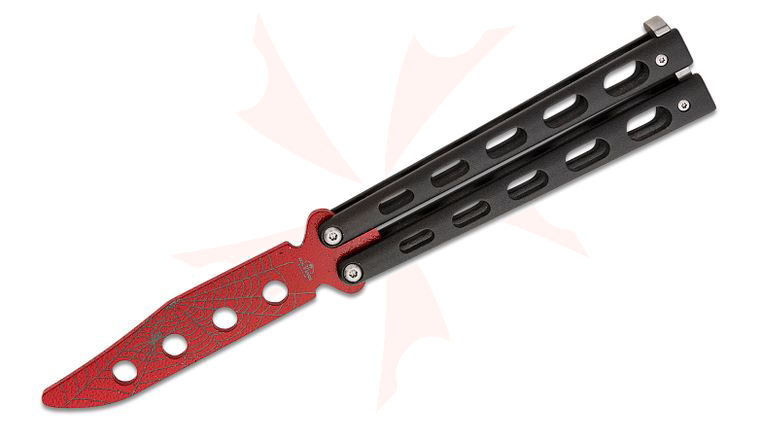Bear & Son 5 inch Butterfly Trainer, Red Widow Unsharpened Blade, Black Coated Metal Handles