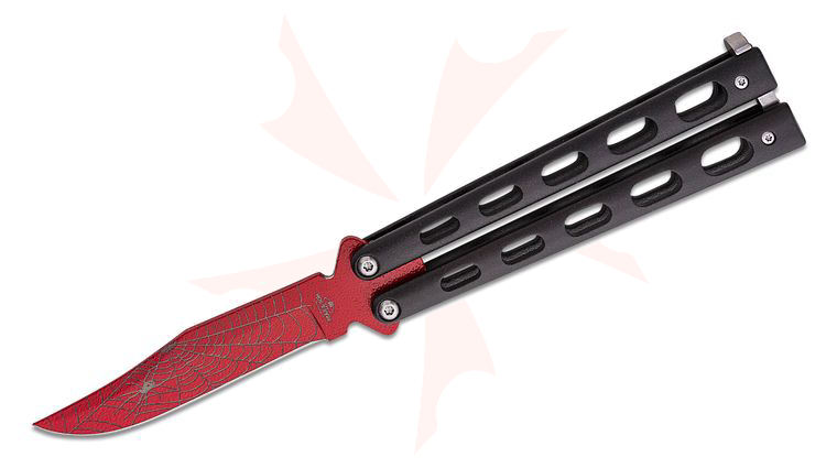 Bear & Son 5 inch Butterfly Knife, Red Widow Clip Point Blade, Black Coated Metal Handles