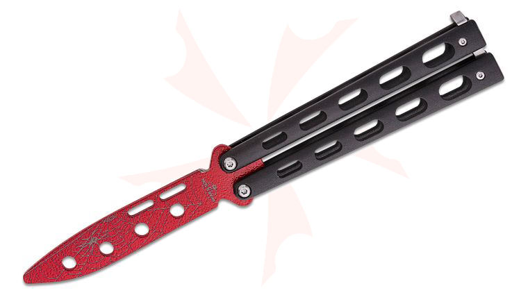 Bear & Son W115BTR Butterfly Trainer 3.375 inch Red Widow Drop Point Blunt Blade, Black Slotted Zinc Handles