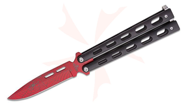 Bear & Son W115B Butterfly 3.375 inch Red Widow Drop Point Blade, Black Slotted Zinc Handles