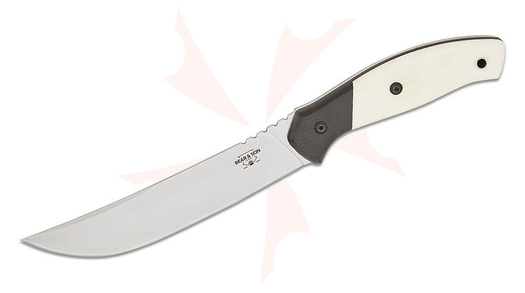 Bear & Son Professional Boning Knife Fixed Blade 6.25 inch Sandvik 14C28N Stonewashed Upswept Blade, White Bone Handles with Black G10 Bolsters, Plastic Sheath