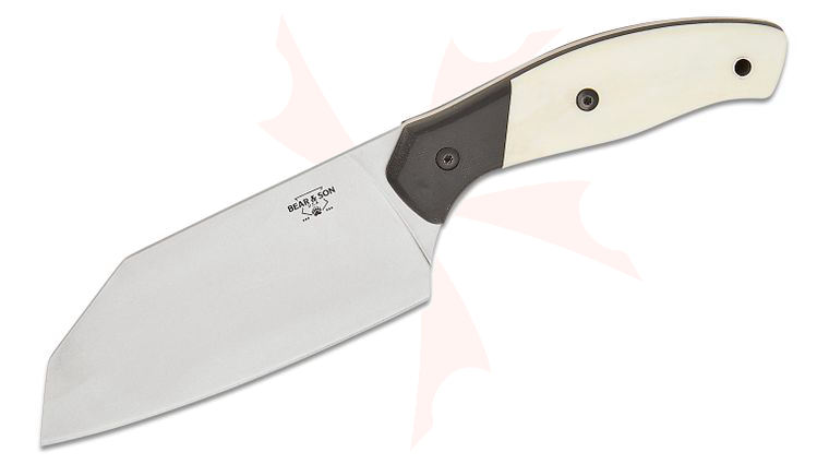 Bear & Son Professional Chopping Knife Fixed Blade 5 inch Sandvik 14C28N Stonewashed Cleaver Blade, White Bone Handles with Black G10 Bolsters, Plastic Sheath