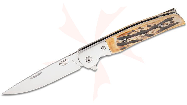 Bear & Son Rancher Sideliner Liner Lock Flipper Knife 3.125 inch D2 Plain Blade, Stag Bone Handles