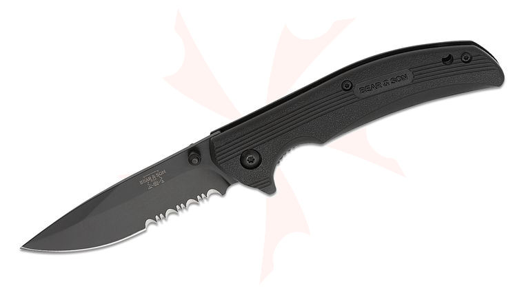 Bear & Son Sideliner Liner Lock Flipper Knife 3.375 inch 440 Black Drop Point Combo Blade, Black Zytel Handles