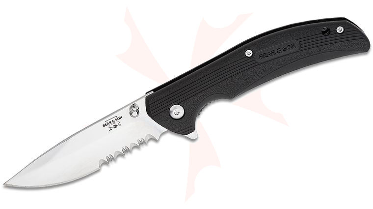 Bear & Son Sideliner Flipper Knife 3.375 inch 440 Serrated Drop Point Blade, Black Zytel Handles