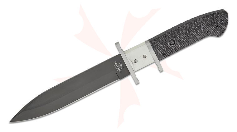 Bear & Son Subhilt Fighter Fixed Blade Knife 6 inch D2 Black Single Edge Blade, Textured Black and White G10 Handles, Black Leather Sheath