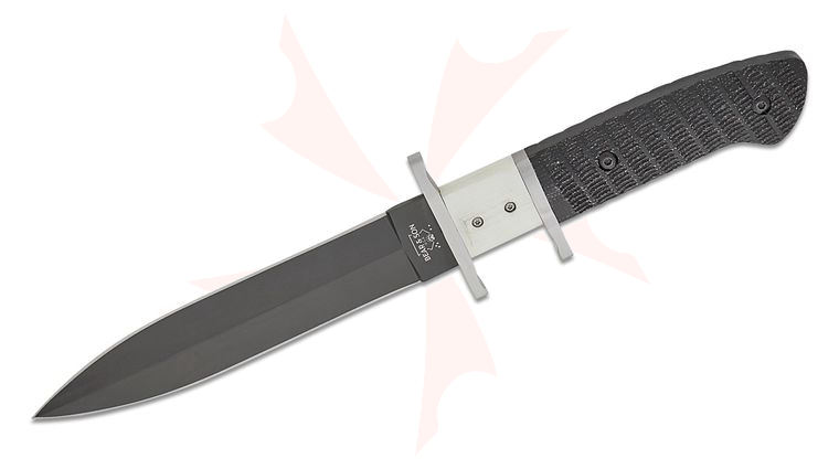 Bear & Son Subhilt Fighter Fixed Blade Knife 6 inch D2 Black Double Edge Blade, Textured Black and White G10 Handles, Black Leather Sheath