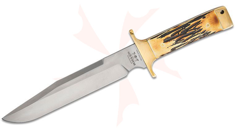 Bear & Son Bowie Fixed Blade 8 inch D2 Satin Blade, Genuine India Stag Bone Handles with Brass Bolster and Pommel, Leather Sheath