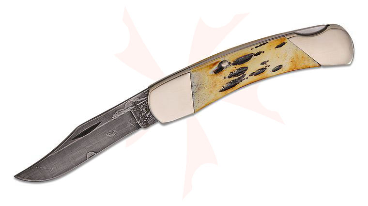 Bear & Son Slimline Lockback Folding Knife 2.75 inch Damascus Blade, India Stag Bone Handles