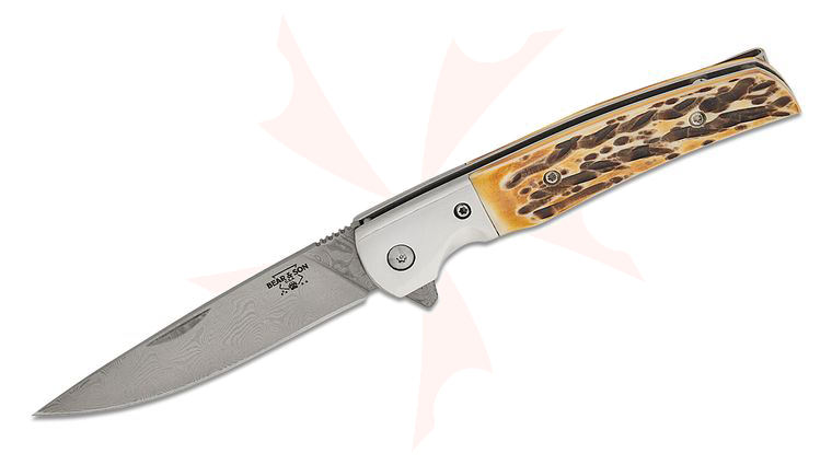 Bear & Son Rancher Sideliner Liner Lock Flipper Knife 3.125 inch Damascus Plain Blade, Stag Bone Handles