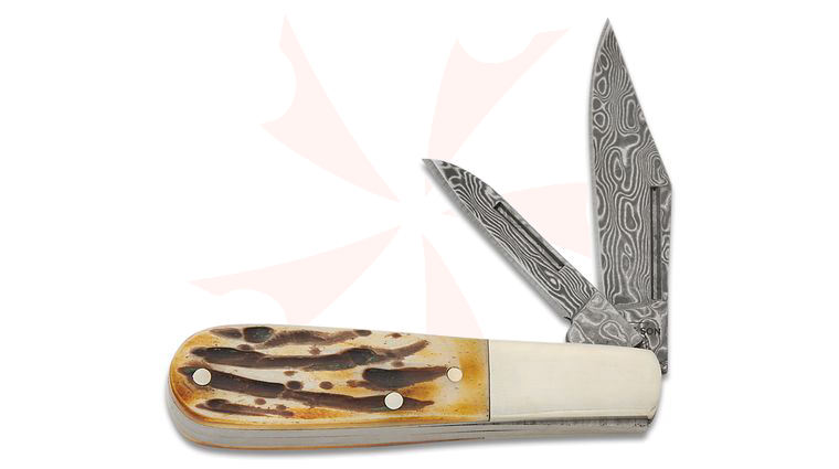 Bear & Son Genuine India Stag Bone Damascus Baby Barlow 3 inch Closed