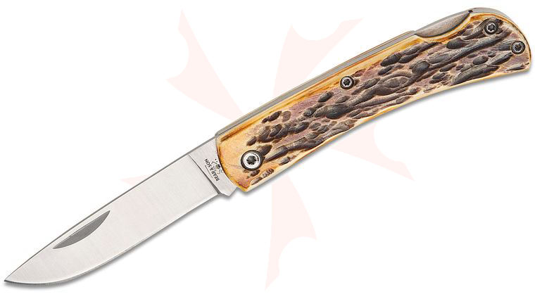 Bear & Son 537L Small Lockback Farmhand Folding Knife 2.75 inch Satin Drop Point Blade, Genuine India Stag Bone Handles