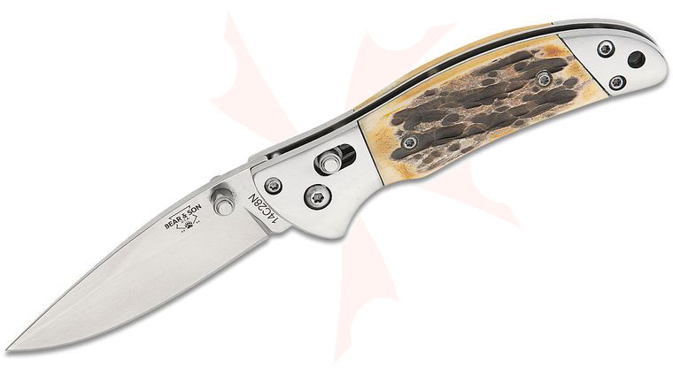 Bear & Son Small Slide Lock Folding Knife 2.68 inch Sandvik 14C28N Polished Drop Point Blade, Genuine India Stag Bone Handles with Stainless Steel Bolsters