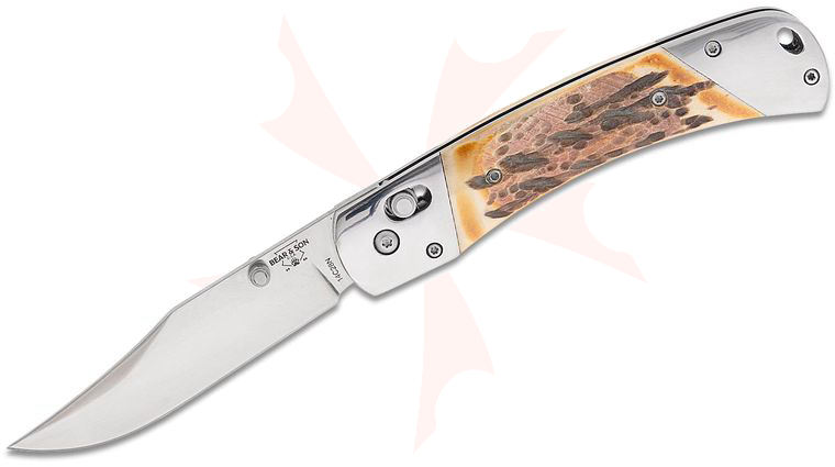 Bear & Son Slide Lock Folding Knife 3.7 inch Sandvik 14C28N Polished Clip Point Blade, Genuine India Stag Bone Handles with Stainless Steel Bolsters