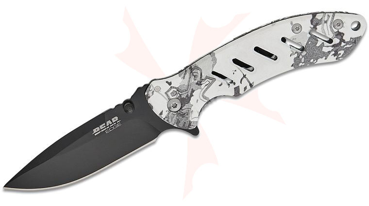 Bear & Son Bear Edge Brisk 1.0 Flipper Knife 3.13 inch 440 Black Drop Point Blade, TrueTimber Viper White Camo Stainless Steel Handles