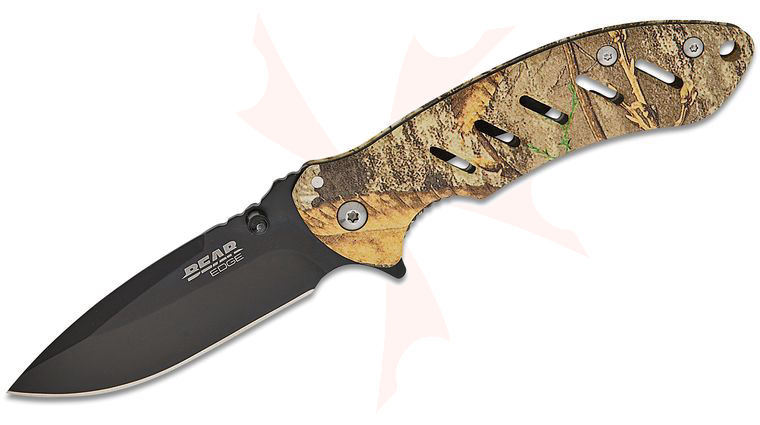 Bear & Son Bear Edge Brisk 1.0 Flipper Knife 3.13 inch 440 Black Drop Point Blade, TrueTimber Strata Camo Stainless Steel Handles