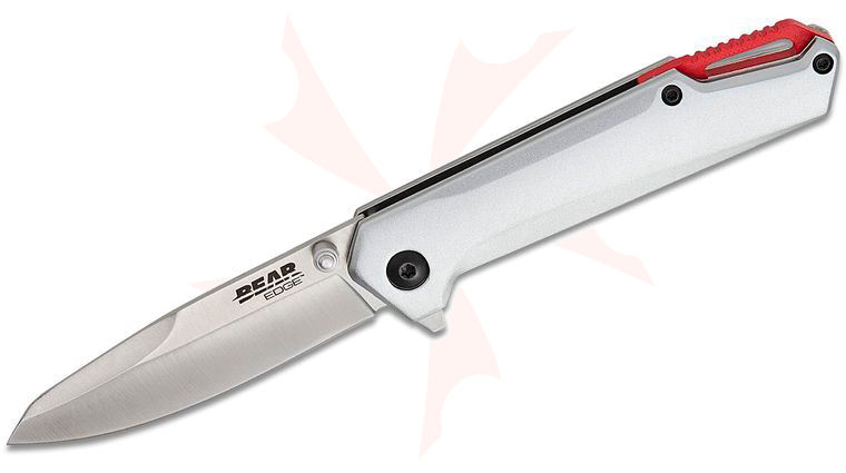Bear & Son Bear Edge 140 Flipper Knife 2.95 inch 440 Satin Reverse Tanto Blade, Light Gray Aluminum Handles, Red Backspacer