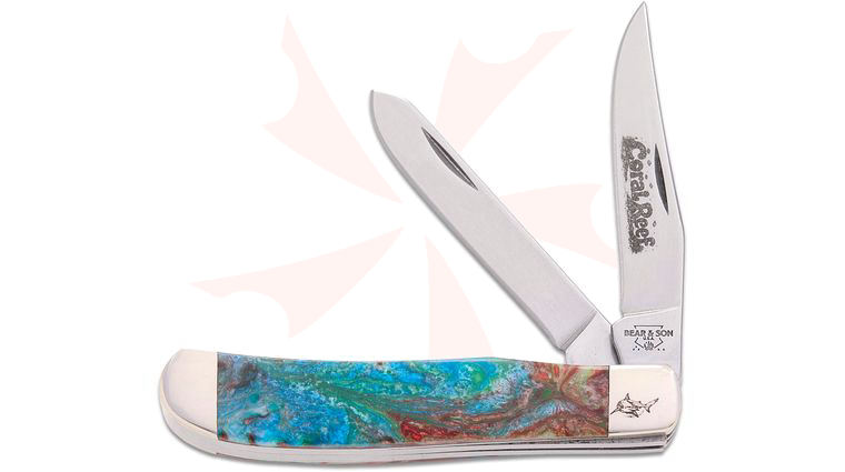 Bear & Son Limited Edition 907CR Coral Reef Mini Trapper 3.5 inch Closed, UV and Glow-in-the-Dark Micro Pearl Resin Handles