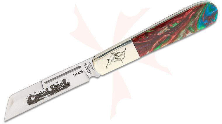 Bear & Son Limited Edition 9180R Coral Reef Large Sheepsfoot Barlow 4 inch Closed, UV and Glow-in-the-Dark Micro Pearl Resin Handles